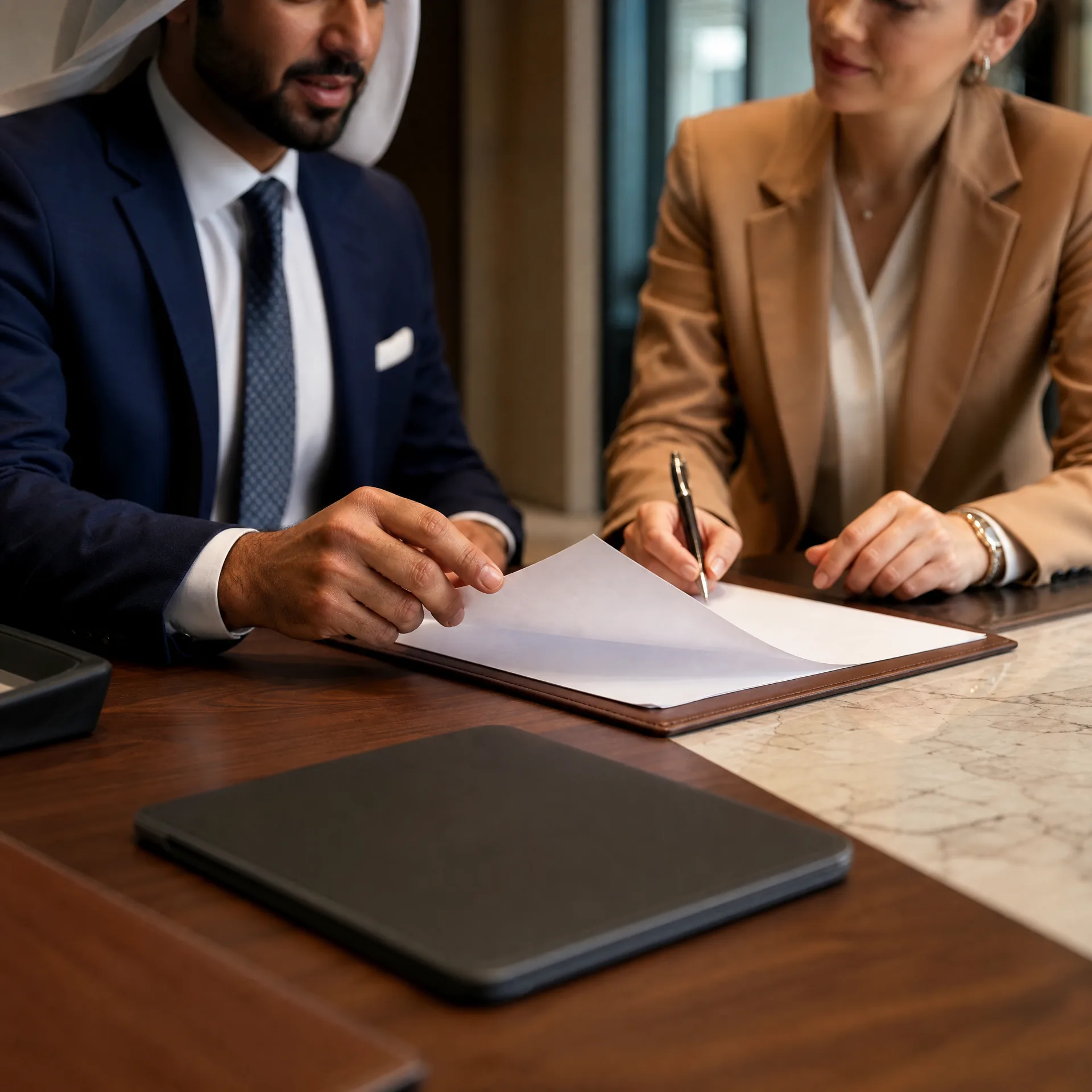 Banking finance document review in a modern office setting.