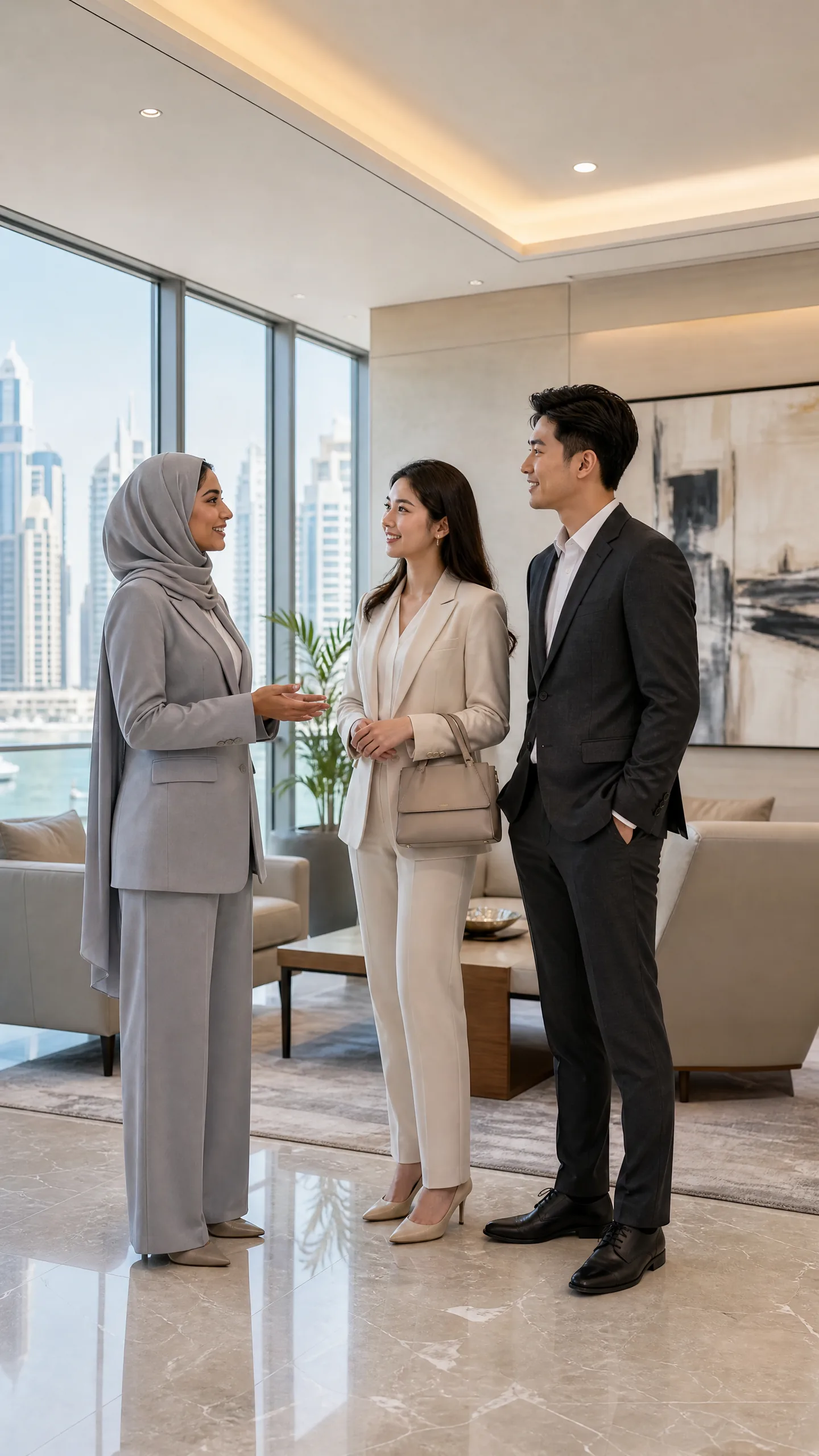 Real estate client welcome in a modern office setting.